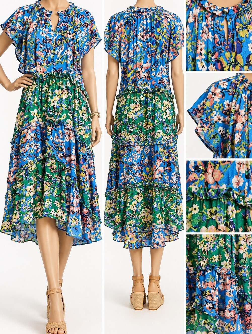 Urban Outfitters Blue & Green Floral Tiered High-Low Dress